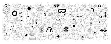 İzole edilmiş beyaz arka planda modaya uygun karalama şekilleri ve soyut doğa simgeleri. Büyük koleksiyon, serbest ve çocuksu çizgi film tarzında moda öğeleri. Çiçek sanatı, şekiller, tropikal meyveler....