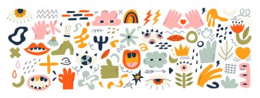 Büyük bir el çizimi çeşitli şekiller ve karalama nesneleri, tropikal elementler ve insan elleri. Soyut modern trend vektör illüstrasyonu. Tüm elementler izole edildi