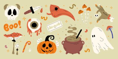Cadılar Bayramı konsepti ürkütücü çizgi film çizim seti, şirin balkabağı, hayalet, cadı kazanı, kafatası, göz, bıçak, zombi eli. Sonbahar tatili parti dekorasyonu. Vektör el çizimi illüstrasyon.