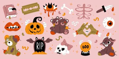 Cadılar Bayramı 'nız kutlu olsun. Tatlı balkabağı, kafatası, vudu bebeği, gözler, zombi eller, vampir kanı koleksiyonu. Dekorasyon ve baskılar için sevimli cadılar bayramı festivali unsurları.