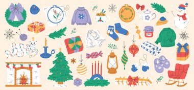 Noel tatili için köknar ağacı ve ev dekoru simgeleri. Vektör çıkartmaları ya da klip sanatları. Yeni yıl ve Noel süsleri. Şenlikli eşyalar ya da ev için samimi iç eşyalar. Ağaçlar ve oyuncaklar.