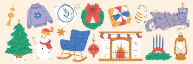 Xmas ögeleri ayarlandı. Noel ağacı. Kutlama çelengi, şeker, kardan adam, kazak, şömine, kedi, çelenk. Yeni yıl süslemeleri. Kış tatili dekoru. Düz. Vektör Stok Resimleri