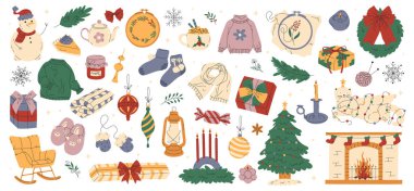 Samimi el çizimi düz Noel ve yeni yıl seti. Geleneksel kış öğeleri ve dekorasyonlar Noel ağacı, çelenk, mumlar, giysiler ve diğer şeyler. Kart, çıkartma, yazdırma için bayram simgeleri