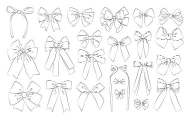 El yapımı karalama yayları koleksiyonu. Çizgi sanatı ve retro tarzı. Hediye dekorasyonu için kurdele ve fiyonklar. Tatil süslemeleri. Vektör stok illüstrasyonu.