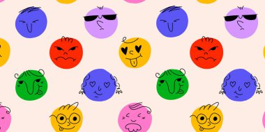 Değişik duyguları olan yuvarlak, soyut, komik yüzler. Pastel boya. Farklı renkli karakterler. Düz dizayn. El çizimi trend vektör çizimi arkaplanda izole edildi