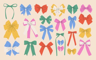 Çağdaş renkli gökkuşağı düğümleri ayarlandı. Elle çizilmiş harika vektör çizimi. Fiyonklu basit bir çocuk seti. Oyuncu ve kaprisli tasarım. Moda saç örgüsü aksesuarı. Kız aksesuarları.