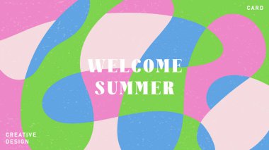 Yazın parlak ve sulu kart setinin yaratıcı konsepti. Sıvı şekilli kaplama efektli modern soyut sanat tasarımı. Kutlama, reklam, markalaşma, afiş, kapak, poster, satış için şablonlar