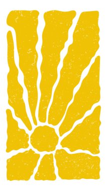 Eski moda sarı güneş patlaması ve ışık huzmesi. Yatay arka plan, 60 'lı yıllarda sarı güneş, 70' li yıllarda hippi tarzı. Renkli grafik baskısı. Güneşli şablon. Düz tasarım Vektör illüstrasyonu