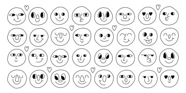 Doodle Emoji face icon set. Hand drawn sketch style. Emoji with different emotion mood, happy, sad, smile face. Comic line art vector illustration.