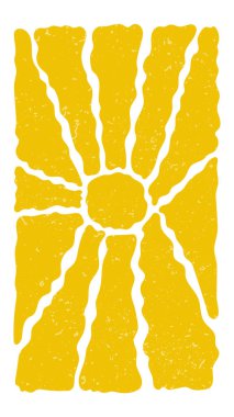 Güneşli, pürüzsüz bir desen. Çeşitli sarı güneş hippi kare elementleri, modern Matisse tarzında el yapımı soyut dalgalı desenler. Vektör illüstrasyonu şeffaf arkaplanda izole edildi