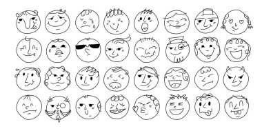 Emojiler el çizimi tarzında simgelerle karşı karşıyalar. İzole edilmiş arkaplanda duygu simgelerini göster. Mutlu ve üzgün yüz işareti iş konsepti.