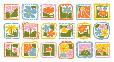 Matisse estetik olarak kıvrımlı. Harika, soyut çiçek seti. 70 'lerin modası geçmiş naif hippi tarzında organik karalama şekilleri. Pembe, sarı, yeşil renklerde botanik vektör illüstrasyonu.