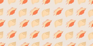 Deniz kabukları, fosiller ve yumuşakçalar. Yazlık sahil eli deniz kenarındaki baskıyı çizdi. Moda tekstil parlak renkli çizimler. Kumaşlar ve duvar kağıtları için deniz ürünleri tasarımı