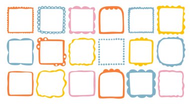 Doodle dalgası eğrisi kenar çerçevesi. El çizimi dalgalı dikdörtgen kenarlar. Kare şeklinde çizilmiş fırça ve daire şeklinde çerçeve. Vektör illüstrasyonu beyaz arkaplanda izole edildi.