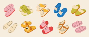 Tatlı yaz terlikleri, sandaletler, sandaletler plaj ayakkabıları, aksesuar takımı. Modern tasarım. Düz elle çizilmiş renkli vektör çizimi. Kadınlar ve çocuklar sevimli ev ayakkabıları