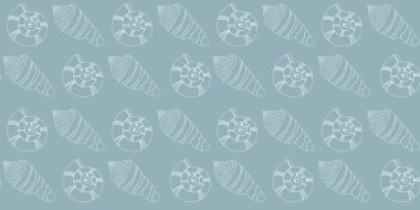 Deniz kabukları sanat tarzında kusursuz desenler. Ambalaj kağıdı, duvar kağıdı, çıkartma, defter kapağı için deniz kabuklarının modası.