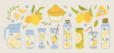 Yaz ferahlatıcı limonata ve limon dilimleri, buz ve pipetle çeşitli bardaklar. Citrus içeceği ve ev yapımı limonata yapmak için malzemeler. Menü tasarımı için limon ve yapraklar.