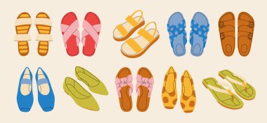 Çizgi film tarzında renkli yaz sandaletleri. Beyaz arka planda izole edilmiş düşük ve yüksek platformlu kayışlı çeşitli açık yaz sandaletlerinin vektör çizimi. Tatlı yaz terlikleri ve sandaletleri.