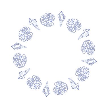 Yaz tatili ve deniz hayatı konsepti dekorasyonu için deniz kabuğu çerçevesi. Deniz kabuğu ve deniz yıldızının ana hatları. Kabuğun el çizimi grafik parçası. 