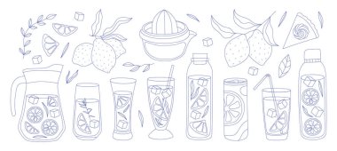 Limonata elementleri, limon, buz, saman. Limonu dilimle, yarım dilimle. Bardak, sürahi, kavanoz, sürahi, şişe. Smoothie limonatasının vektör elementi. Çizgi film stili Vektör illüstrasyonunda taze meyve suyu detoksu.