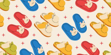 Farklı yazlık terlikleri olan kusursuz bir desen. Matbaa için modaya uygun ve şık ev ayakkabıları olan uçsuz bucaksız bir doku. Renkli düz vektör çizimi.