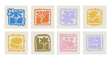 Matisse estetik olarak kıvrımlı. Harika, soyut çiçek seti. 70 'lerin modası geçmiş naif hippi tarzında organik karalama şekilleri. Pembe, sarı, yeşil renklerde botanik vektör illüstrasyonu.