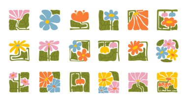 Soyut bitkiler. Botanik karalama arka plan sanat seti. Çiçek ve soyut bir şekil bırakır. Baskı, duvar kâğıdı, ev dekorasyonu için duvar sanatı için çağdaş moda çiçek tasarımı.