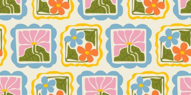 Eski moda çiçek gücü arka planı. 1970 'lerin klasik çiçeksiz desenleri. Hippi eğlence duvar kağıdı. Kumaş, ambalaj kağıdı, kırtasiye malzemesi için 1960 'ların vektör baskısı