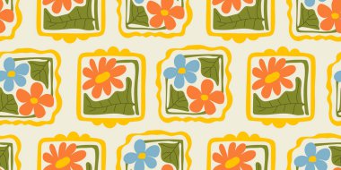 Soyut geometrik çiçekli, dikişsiz desen. Matisse sanatı botanik geçmişinden esinlenmiştir. Şekillendirilmiş çiçekli modern düz vektör çizimi. Duvar kağıdı, kumaş, paket, kağıt için yüzyıl ortası baskısı