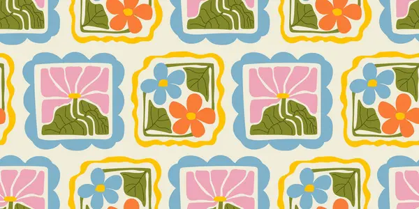 Eski moda çiçek gücü arka planı. 1970 'lerin klasik çiçeksiz desenleri. Hippi eğlence duvar kağıdı. Kumaş, ambalaj kağıdı, kırtasiye malzemesi için 1960 'ların vektör baskısı