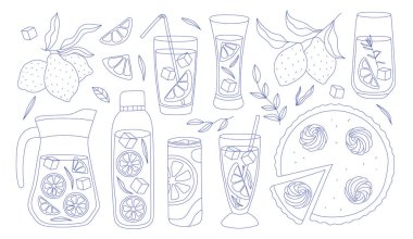 Limonata elementleri, limon, buz, saman. Limonu dilimle, yarım dilimle. Bardak, sürahi, kavanoz, sürahi, şişe. Smoothie limonatasının vektör elementi. Çizgi film stili Vektör illüstrasyonunda taze meyve suyu detoksu.