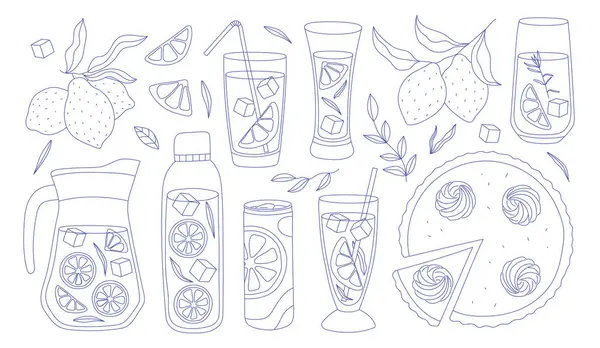 Limonata elementleri, limon, buz, saman. Limonu dilimle, yarım dilimle. Bardak, sürahi, kavanoz, sürahi, şişe. Smoothie limonatasının vektör elementi. Çizgi film stili Vektör illüstrasyonunda taze meyve suyu detoksu.