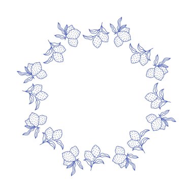 Çiçekli limon dalları. Renkli limon yaz çelengi. Modern canlı tasarım. Elle çizilmiş samimi bir illüstrasyon. Beyaz arkaplanda yaprak olan turunçgiller..