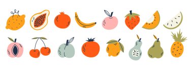 Meyve toplama düz el çizilmiş tarzı, çizimler ayarlayın. Tropikal meyve ve grafik tasarım öğeleri. Malzemeler renk cliparts. Sketch tarzı smoothie veya meyve suyu malzemeler.