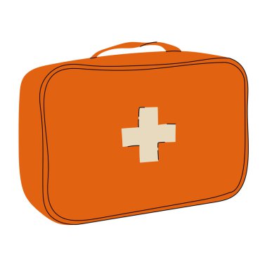 Beyaz haç sembollü turuncu bir ilk yardım çantasının basit vektör görüntüsü, tıbbi ve acil durum tasarımı için ideal.