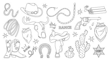 Vahşi Batı el çizimi karalama yaptı. Batı. Kovboy kıyafetleri, şapka, botlar, bandana. Şerif rozeti. Çöl kaktüsü. Tabanca atışı. Bufalo kafatası. Kementle, kamçı. Vektör çizgisi çizimi.