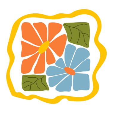 Matisse estetik olarak kıvrımlı. Harika soyut çiçek sanatı. 70 'lerin modası geçmiş naif hippi tarzında organik karalama şekilleri. Pembe, sarı, yeşil renklerde botanik vektör illüstrasyonu.