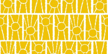 Güneşli, pürüzsüz bir desen. Çeşitli sarı çiçek desenli dikey elementler, el çizimi soyut dalgalı desen modern Matisse tarzında. Vektör illüstrasyonu şeffaf arkaplanda izole edildi