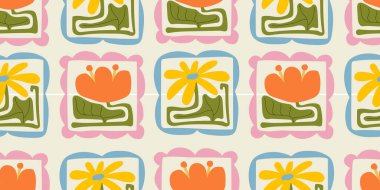 Renkli çiçek desensiz matiss stili çizim. Çocuk stili çiçek karalama arka planı, komik temel doğa şekilleri duvar kağıdı..