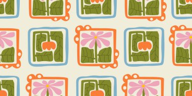 Soyut geometrik çiçekli, dikişsiz desen. Matisse sanatı botanik geçmişinden esinlenmiştir. Şekillendirilmiş çiçekli modern düz vektör çizimi. Duvar kağıdı, kumaş, paket, kağıt için yüzyıl ortası baskısı