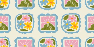 Renkli çiçek desensiz desen çizimi. Klasik tarz çiçek çerçevesi tasarımı. Geometrik doğal duvar kağıdı baskısı, bahar mevsimi doğa çiçek desenli arkaplan dokusu.