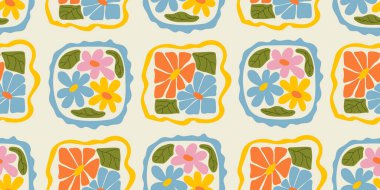 Daisy Flowers ile Soyut Kusursuz Desen. 1970 'in Retro Style' ı Trippy Floral Backgound. Vektör Çiçek Gücü Yaz İllüstrasyonu.