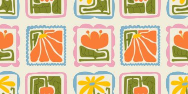 Renkli çiçeksiz desenli çizim seti. Klasik çiçek çerçevesi tasarım koleksiyonu. Geometrik doğal duvar kağıdı baskısı, bahar mevsimi doğa çiçek desenli arkaplan dokusu.