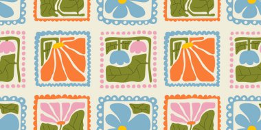 Renkli çiçek desensiz desen çizimi. Klasik çiçek çerçevesi tasarım koleksiyonu. Geometrik doğal duvar kağıdı baskısı, bahar mevsimi doğa çiçek desenli arkaplan dokusu.