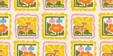 Renkli çiçek desensiz matiss stili çizim. Çocuk stili çiçek karalama arka planı, komik temel doğa şekilleri duvar kağıdı..