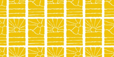 Güneşli, pürüzsüz bir desen. Çeşitli sarı çiçek desenli dikey elementler, el çizimi soyut dalgalı desen modern Matisse tarzında. Vektör illüstrasyonu şeffaf arkaplanda izole edildi