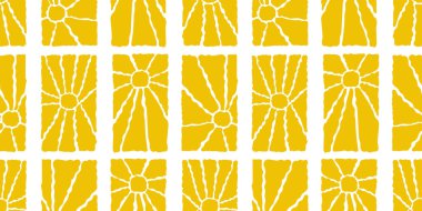 Güneşli, pürüzsüz bir desen. Çeşitli sarı çiçek desenli dikey elementler, el çizimi soyut dalgalı desen modern Matisse tarzında. Vektör illüstrasyonu şeffaf arkaplanda izole edildi