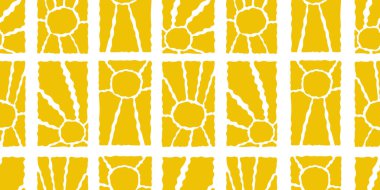 Güneşli, pürüzsüz bir desen. Çeşitli sarı çiçek desenli dikey elementler, el çizimi soyut dalgalı desen modern Matisse tarzında. Vektör illüstrasyonu şeffaf arkaplanda izole edildi