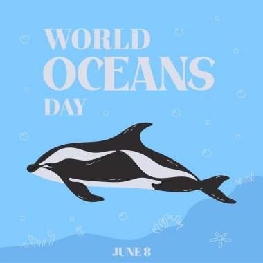 Dünya okyanus günü şablonu. Kartpostal, poster ve afiş için şablon. Dalgalar, kabarcıklar, mercanlar ve kum saati yunuslarıyla dolu güzel bir mavi deniz arka planının vektör çizimi. Vektör illüstrasyonu