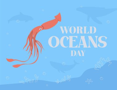 Dünya Okyanusu 'nun arka planı. Dalgalar, kabarcıklar, mercanlar ve devasa mürekkep balıklarıyla dolu güzel bir mavi deniz arka planının vektör çizimi. Dünya Okyanusları Gündüz Yazıtları.